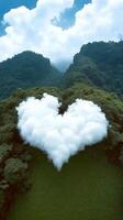 Heart shaped cloud floating over lush green forest photo