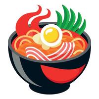 Fiery red Buldak Ramen noodles. contrasting with melted mozzarella cheese. A soft-boiled egg waits. vector