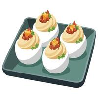Close-up of loaded deviled eggs topped with chopped chives and crispy bacon crumbles. served on a tr vector