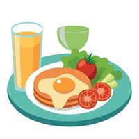 A breakfast plate with pancakes topped with bacon. a sunny-side-up egg. and a side salad with cherry vector