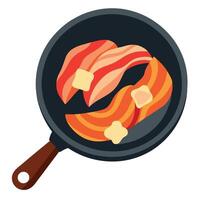 Frying pan filled with slices of brown and crispy bacon cooking on a stove top. vector