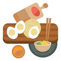 Wooden cutting board with eggs on it next to bowls of noodles and boiled eggs vector