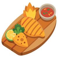 A chicken fillet grilled on a cedar plank. served with a tangy mango salsa vector