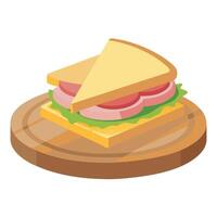 A sandwich with ham and cheese is cut in half and placed on a wooden plate vector