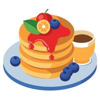 A delicious breakfast of pancakes with fresh berries and maple syrup. AI. vector