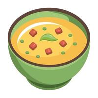 A creamy broccoli cheddar soup garnished with bacon bits and truffle oil. vector