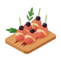 Gourmet Bacon-Wrapped Prosciutto Skewers on Bread with Herbs and Black Olives. vector