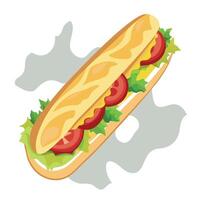 Baguette sandwich with bacon cheese tomatoes and lettuce on marble surface vector