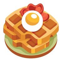 A few waffles topped with crispy bacon and a perfectly cooked egg on top of each vector