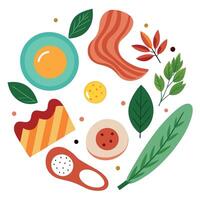 Breakfast arrangement with bacon. eggs. spices. and greens on white background vector