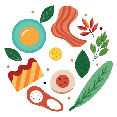 Breakfast arrangement with bacon. eggs. spices. and greens on white background