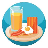 A plate of bacon and eggs sits on a table next to a glass of orange juice vector