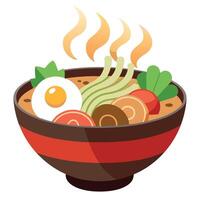 Fresh. healthy Asian noodle soup with beef. chicken. egg. and vegetables. vector