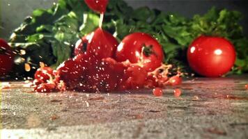 Sliced tomatoes with spices fall on the table. Filmed on a high-speed camera at 1000 fps. High quality FullHD footage video