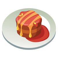 A piece of perfectly grilled filet mignon. wrapped in bacon. resting on a white plate and covered in vector