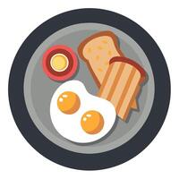 Freshly Fried Crispy Bacon. Eggs and toasts on a grey plate on wooden rustic background banner. Top vector