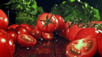 Fresh tomatoes with a splash of water. Filmed on a high-speed camera at 1000 fps. High quality FullHD footage video