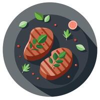 Grilled pork steaks with herbs and spices on stone table from above view vector