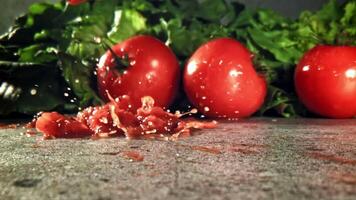 Sliced tomatoes with spices fall on the table. Filmed on a high-speed camera at 1000 fps. High quality FullHD footage video