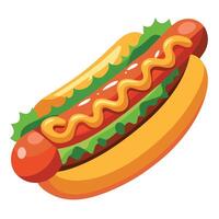 A delicious hot dog with a ruddy sausage. fresh cucumbers and crispy bacon. abundantly poured with b vector