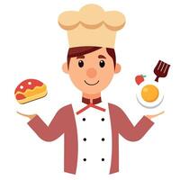 A chef is holding a plate with a breakfast meal consisting of eggs. bacon vector