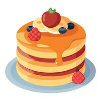 A close-up view of a delicious stack of fluffy pancakes topped with sweet syrup and colorful fresh f vector