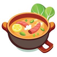 Close up of kapusniak cabbage soup with vegetables ribs and bacon on table vector
