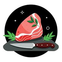 A fresh cut of pork from the neck with herbs and a butcher knife on a black stone table background p vector