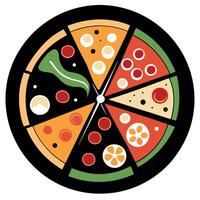 Delicious Slices of pizza with a variety of toppings on black background vector
