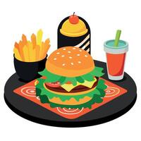 A large hamburger with lettuce and pickles on top of a black plate. The burger is surrounded by a va vector
