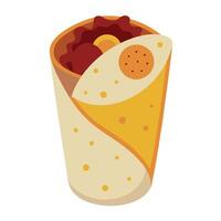 Breakfast burrito with chorizo and egg cut in half served with sour cream vector