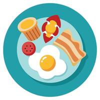Hearty breakfast with scrambled eggs. bacon. and mushrooms on white dish vector