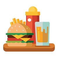 Cheeseburger with toppings. fries. and beer. presented on a cutting board. vector