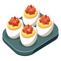Close-up of gourmet cheddar deviled eggs topped with crispy bacon pieces. served on a tray. Ideal fo vector