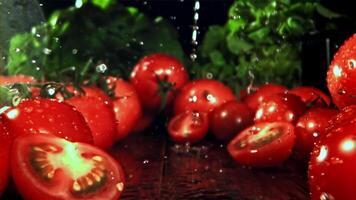 Fresh tomatoes with a splash of water. Filmed on a high-speed camera at 1000 fps. High quality FullHD footage video
