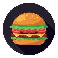 A burger with beef. lettuce. tomato. onion and cheese. Cucumber with dark background vector