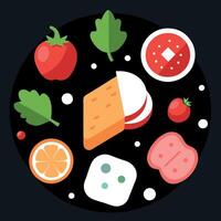 Ingredients ham cheese tomatoes lettuce and toast View from above on dark background vector