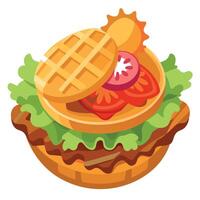 A waffle sandwich filled with crispy bacon. tender chicken. and a fresh salad. vector