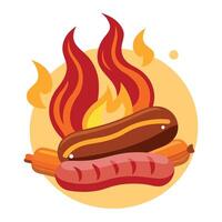 Grilled sausage hotdog with crispy bacon served infront of the burning logs . vector