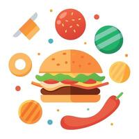 Floating ingredients of a delicious burger with bacon. cheese. and vegetables vector