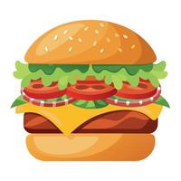 A delicious cheeseburger with bacon. tomato. lettuce. and onion on a sesame seed bun vector