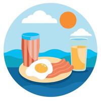 A plate of bacon and eggs with a glass of orange juice on a table by the ocean vector