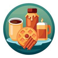 Delicious breakfast setup of waffles and crispy bacon drizzled with rich maple syrup vector