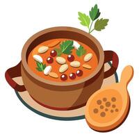 Cassoulet with a garnished side of fresh parsley and crusty bread on a wooden table vector