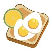 Two eggs atop a slice of bread on a pristine white counter. adjacent to lemon wedges vector