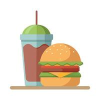 Burger And Shake. Double Cheeseburger with Tomato. Onion. and Lettuce on Table vector