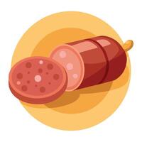 Close-up of sliced cured sausage alongside a whole fuet on a textured wooden surface vector
