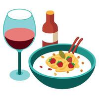 A Bowl of Bacon and Chive Risotto Served on a Wooden Table With a Glass of Red Wine vector