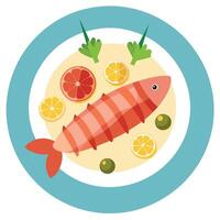 Bacon wrapped haddock with crayfish tails lemon potatoes green beans olives top view vector