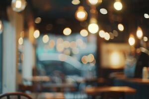 Blurred abstract atmospheric cafe background, soft lighting and cozy interior. photo
